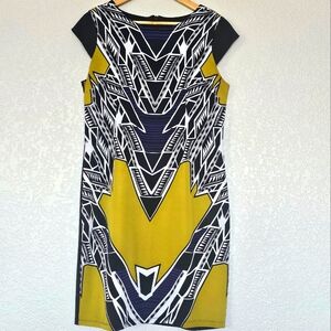 I Le New York Sheath Dress Cap Sleeveless Black Geometric Back Zip Stretch Sz 10